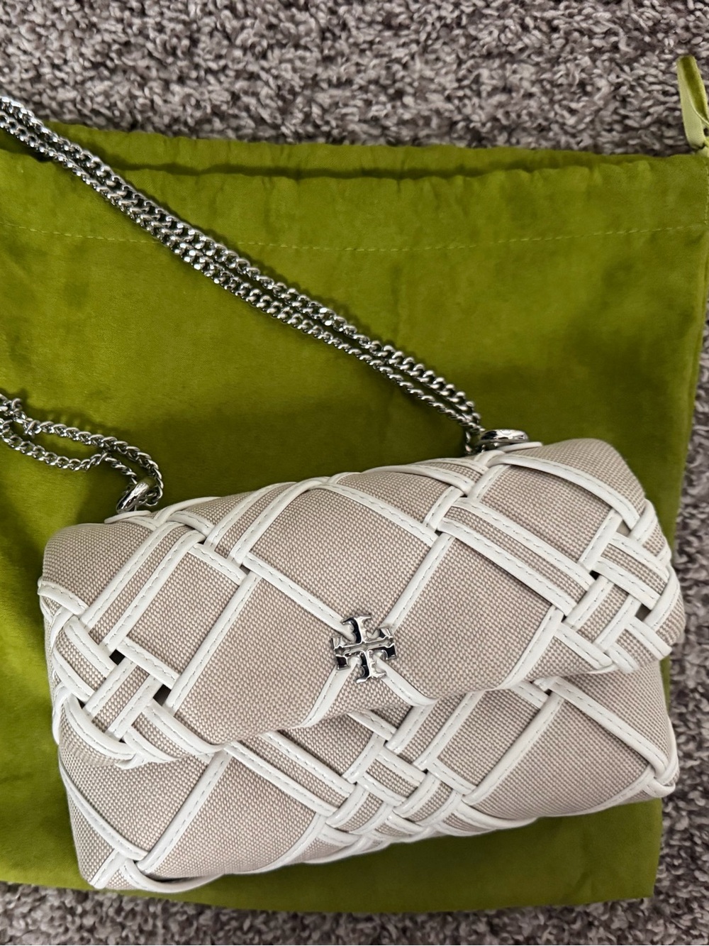 Tory Burch Beige Woven Shoulder Bag with Silver Chain